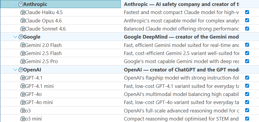 List of AI models and providers available in Maverick Project Scheduler
