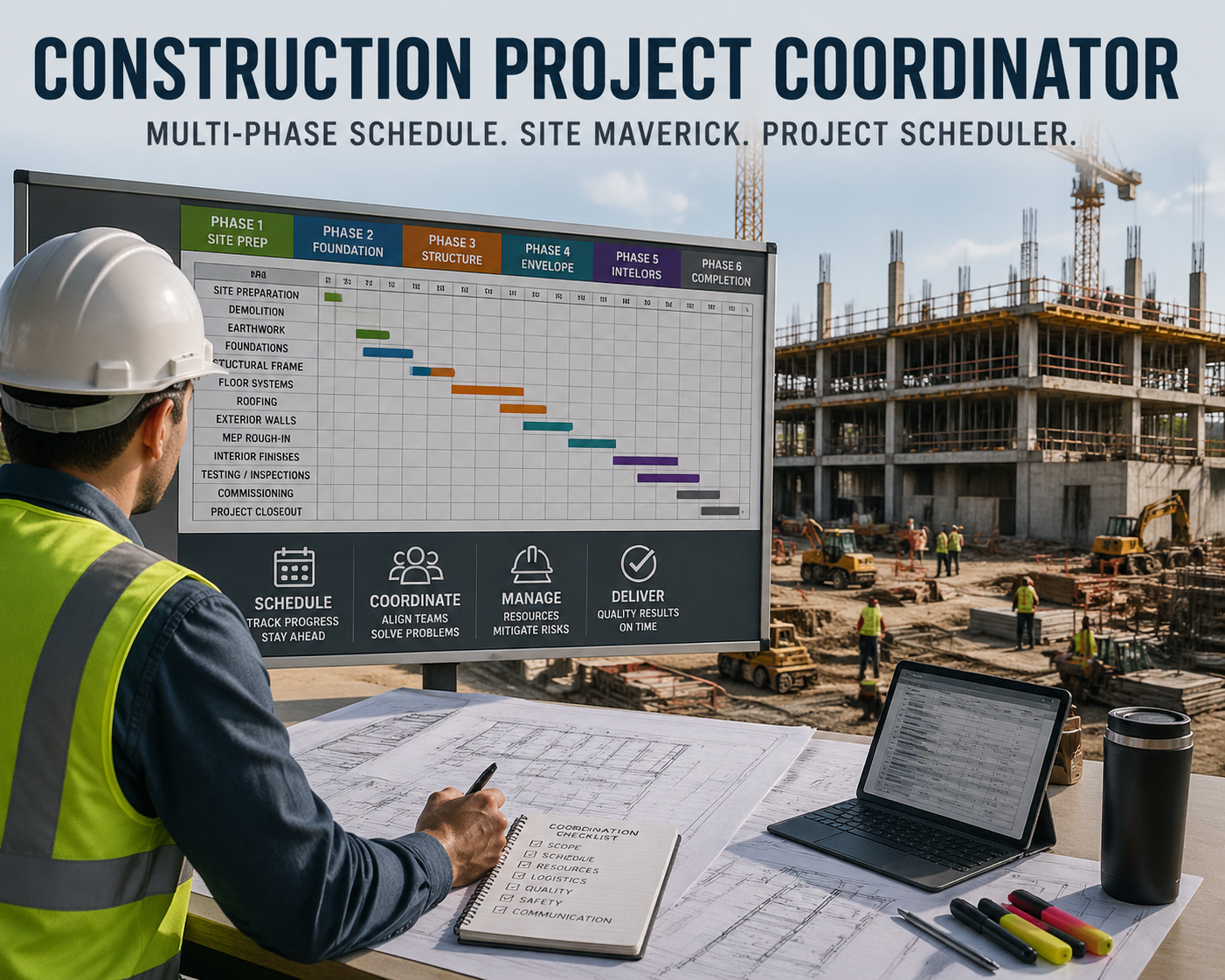 Construction project coordinator tracking multi-phase schedules on site