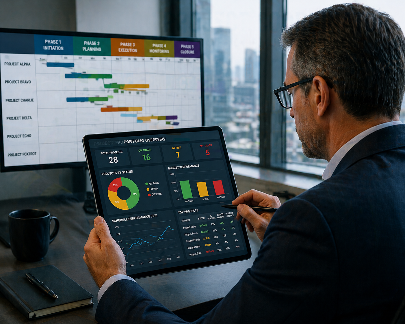 Executive reviewing high-level project portfolio metrics on a tablet