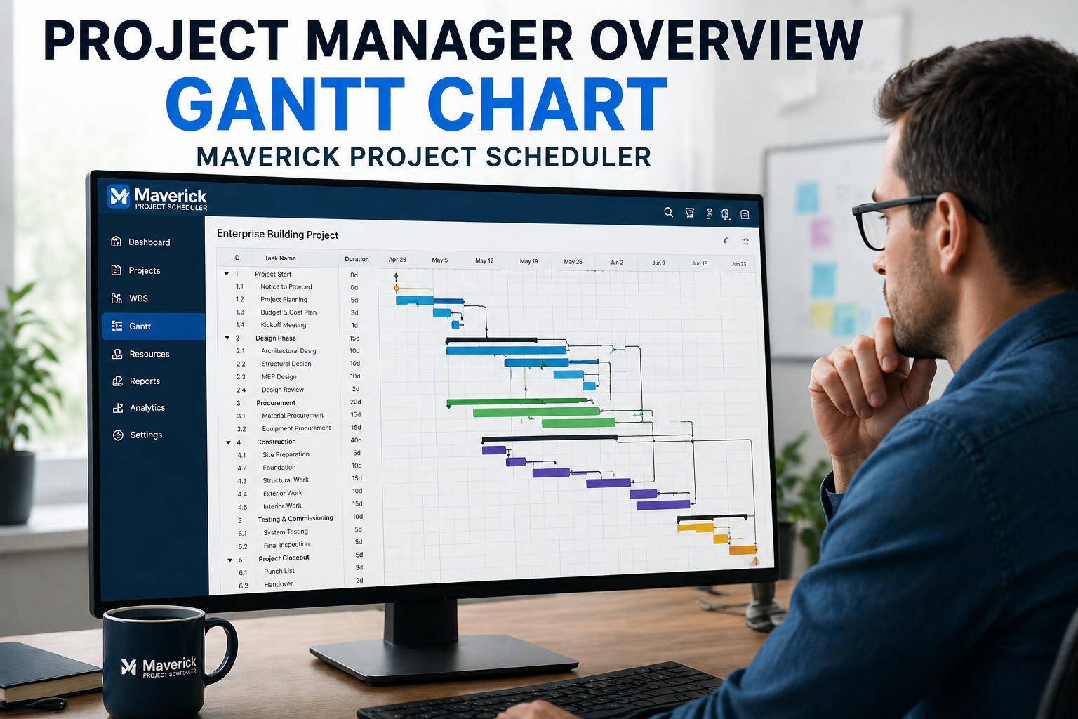 Project manager reviewing a Gantt chart on a large monitor