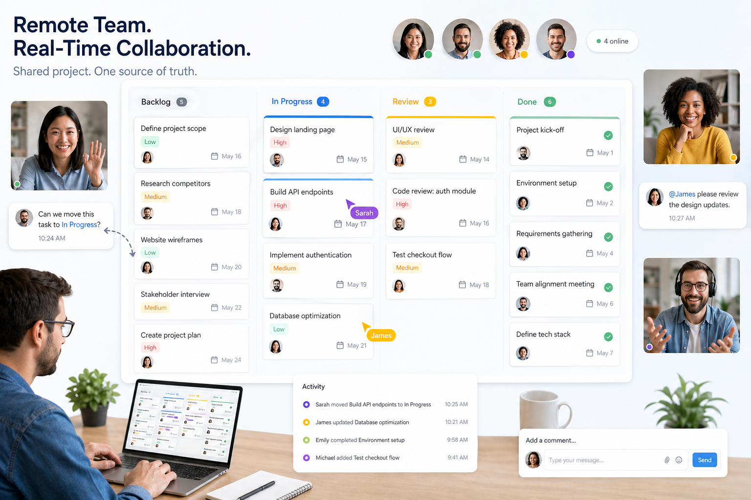 Remote team collaborating in real time on a shared project task board