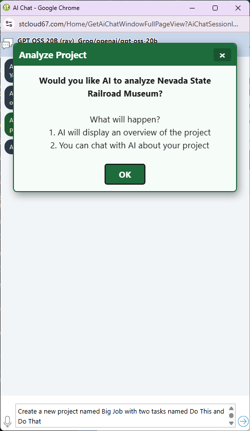 Maverick AI chat popup showing project scope selection before sending context