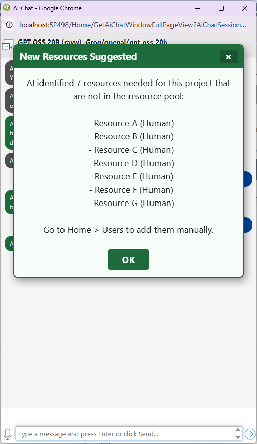 AI chat showing suggested material resource list with phase assignments