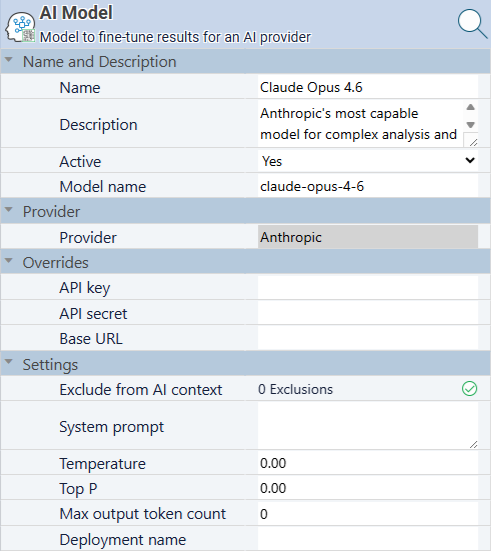 AI model properties panel showing Exclude from AI context options