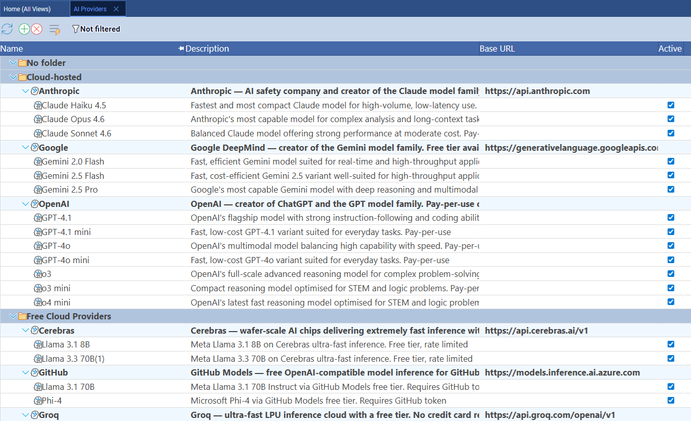 Maverick AI providers and models list showing per-employee model assignment