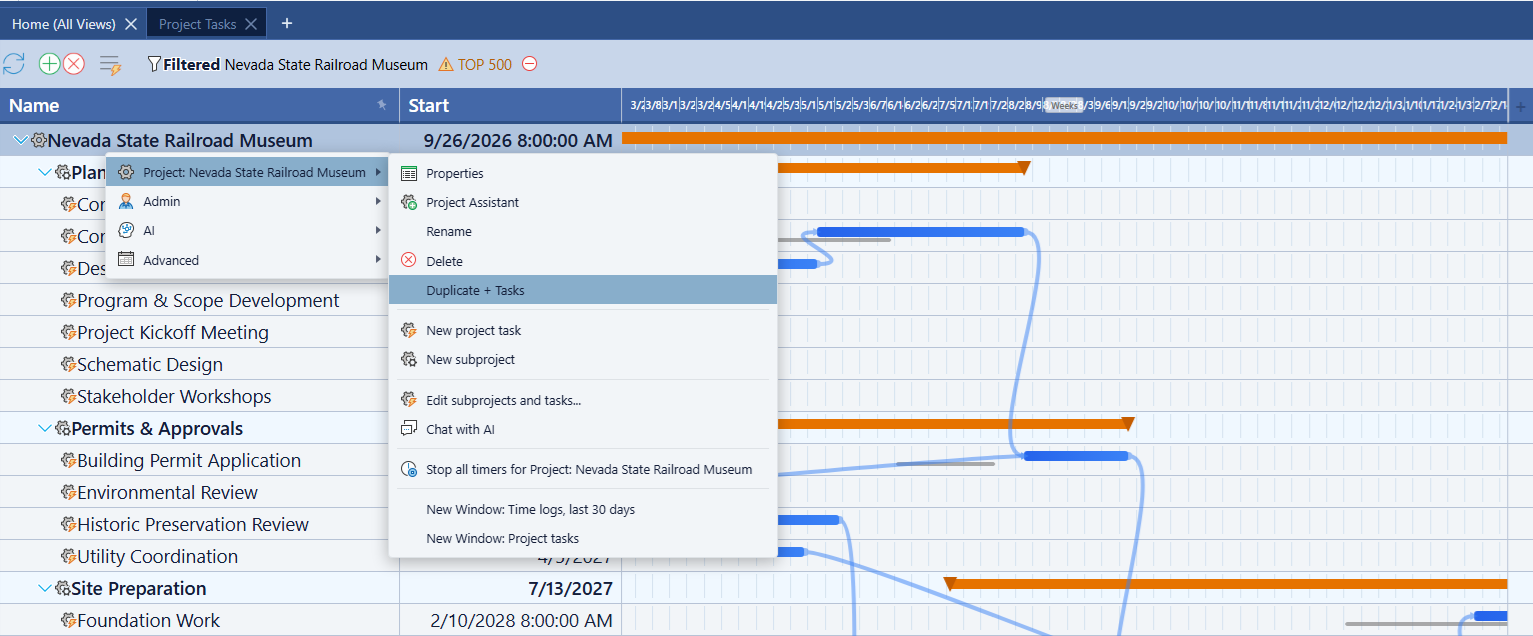 Right-click context menu on a project showing the Duplicate + Tasks command