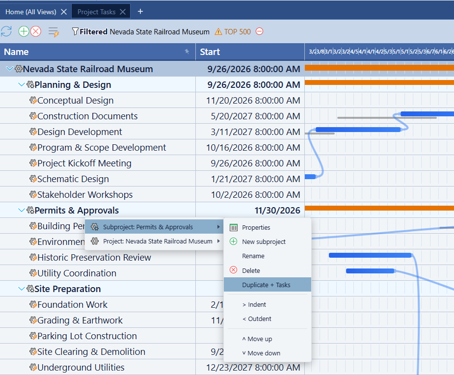 Right-click context menu on a subproject showing the Duplicate + Tasks command