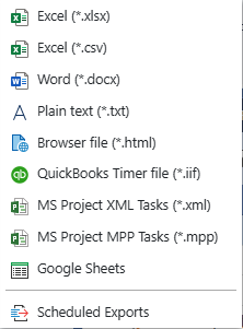 Maverick file export menu showing Excel, Word, CSV, and HTML options