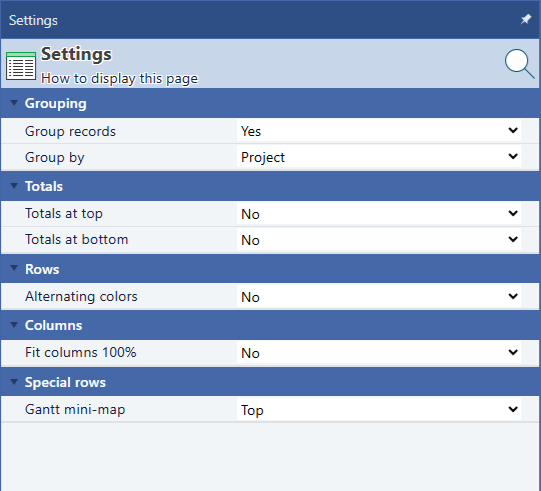 Maverick Settings panel showing the Special rows category with the Gantt mini-map dropdown set to Top