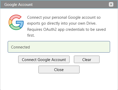 Maverick Google Account dialog showing Connected status after successful OAuth2 authorization