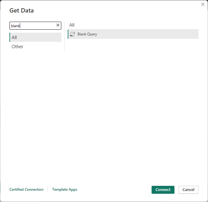 Power BI Get Data menu with Blank Query option highlighted