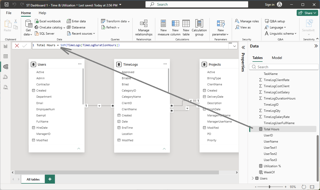 Power BI DAX formula bar showing Total Hours measure definition on the TimeLogs table