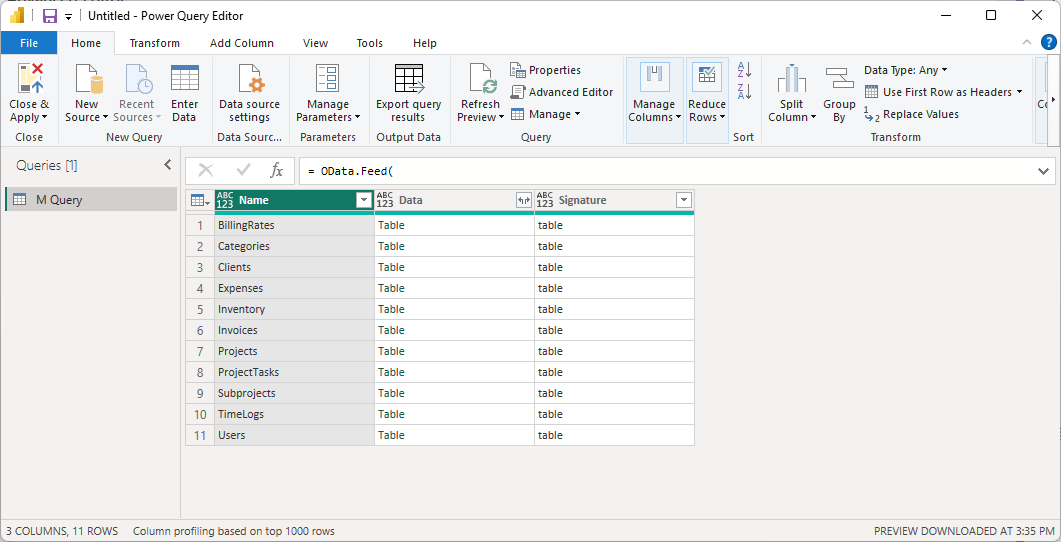 Power Query editor showing Maverick time log records returned from the OData feed