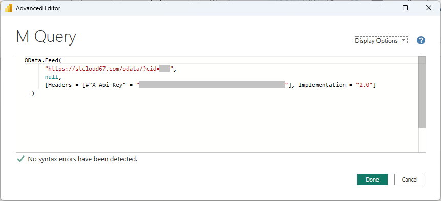 Power BI Advanced Editor showing a complete Maverick OData M query