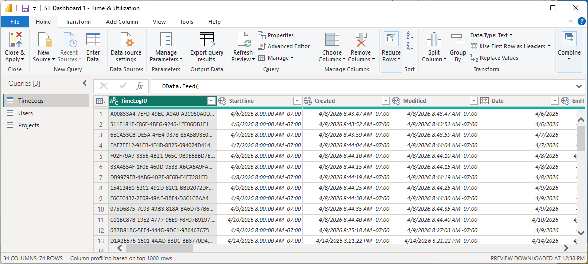 Power Query editor showing multiple Maverick entity queries in the left panel