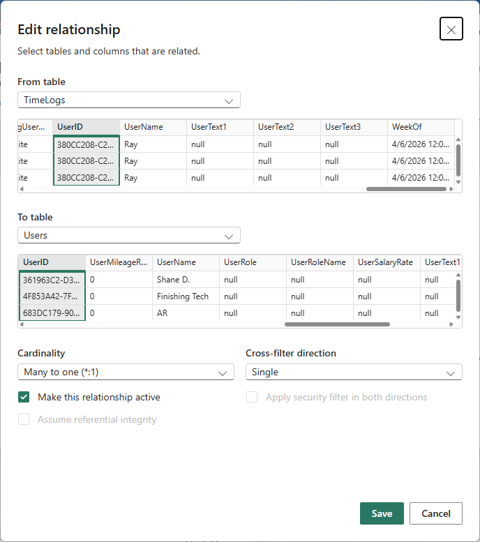 Power BI Edit relationship dialog showing ProjectID join between TimeLogs and Projects