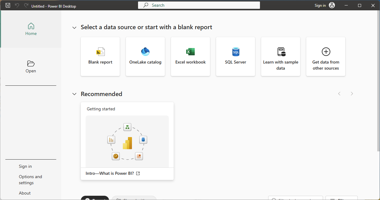 Power BI Desktop blank report start page after first launch