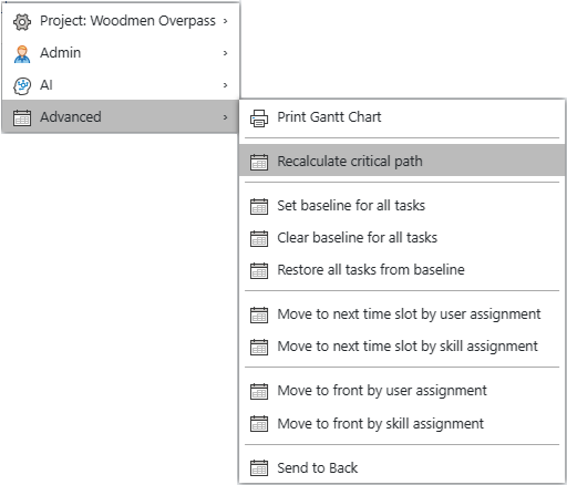 Right-click context menu showing Advanced > Recalculate critical path option