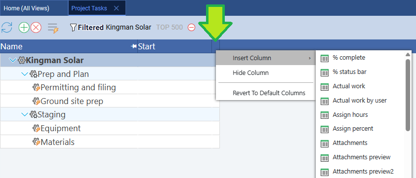 Right-click a column header to insert task property columns