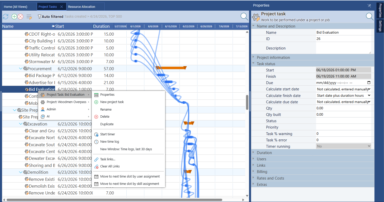 Maverick task grid showing right-click context menu and task properties panel with cost and scheduling fields visible