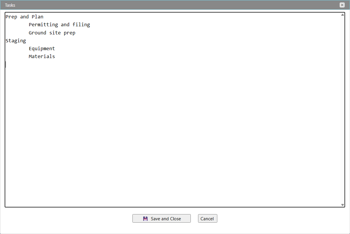 Simplified text editor for entering summary tasks and subtasks