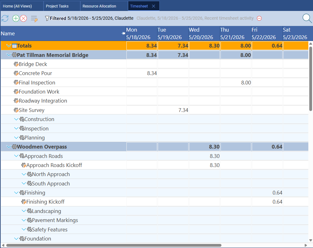 Maverick timesheet filtered by a specific user and date range, showing only that employee's tasks and logged hours for the selected week