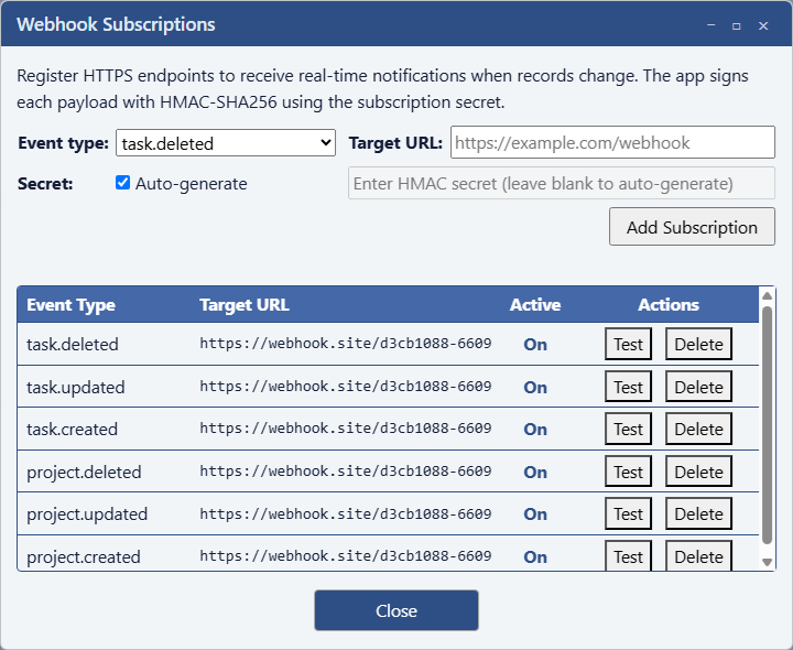 Maverick Webhook Subscriptions dialog showing six active subscriptions for task and project lifecycle events