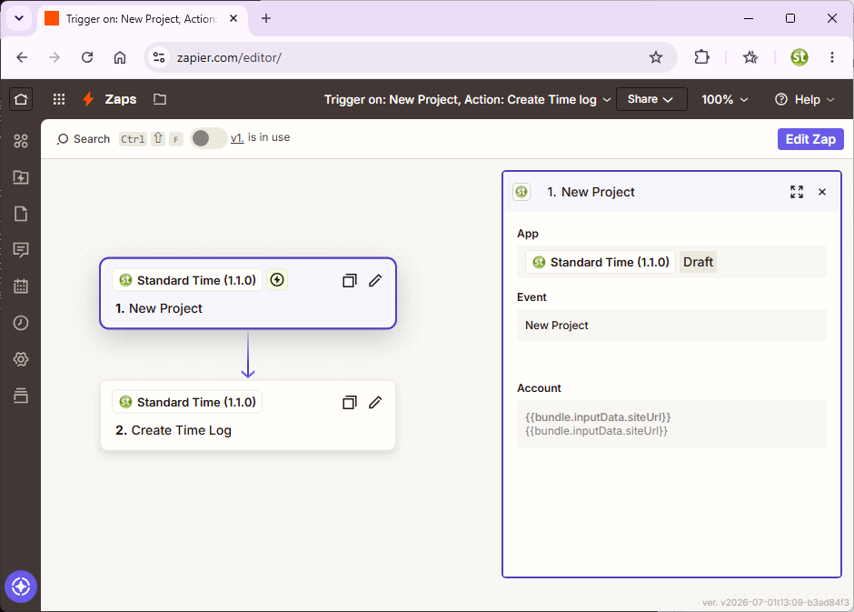 Zapier editor showing a Zap with a New Project trigger from Standard Time and a Create Time Log action