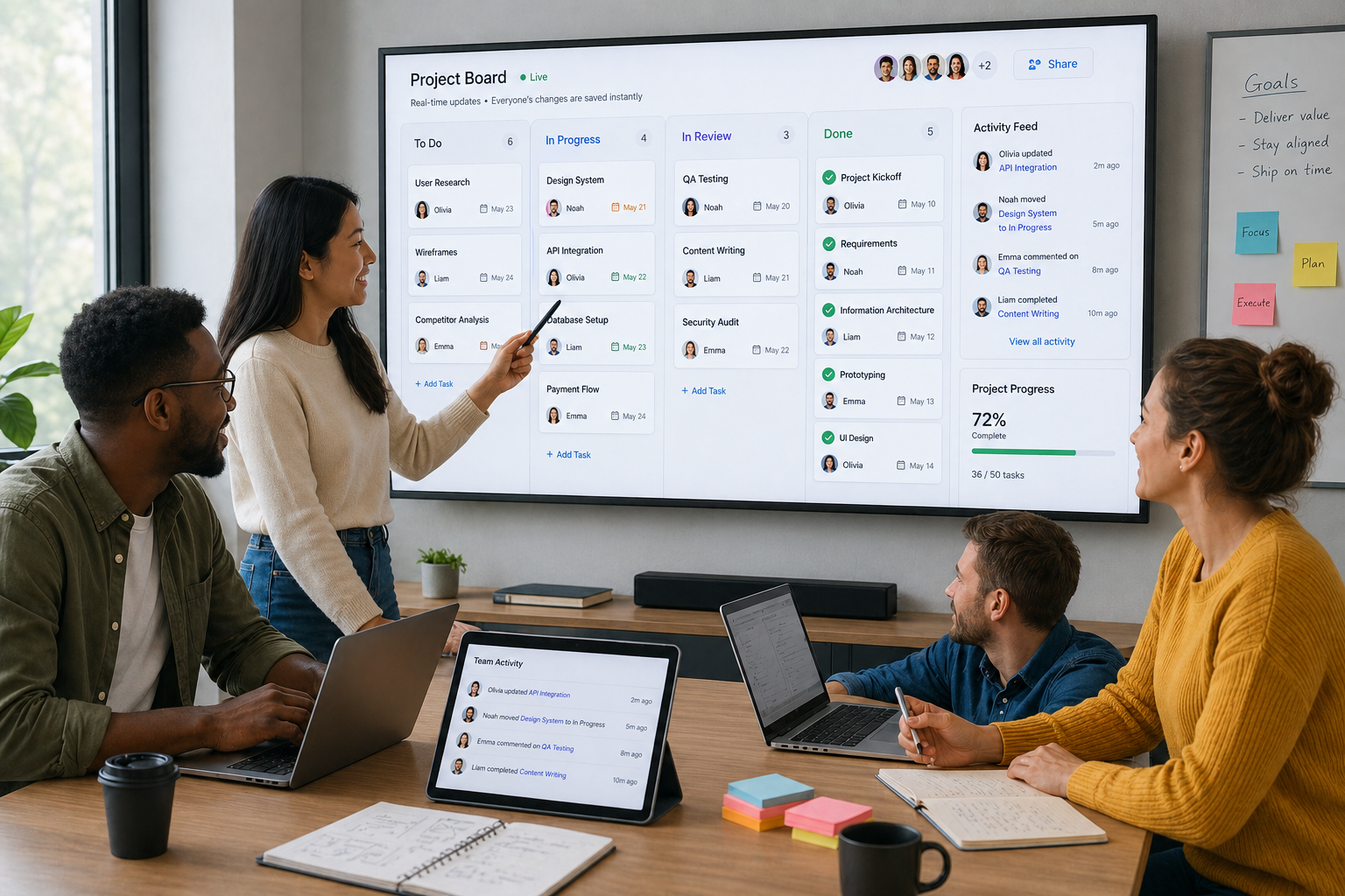 Team members collaborating on a shared project board in real time